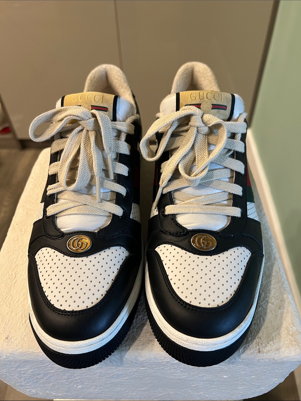 Gucci Black, White & Gold Low-Top Sneakers with Green-Red Web
